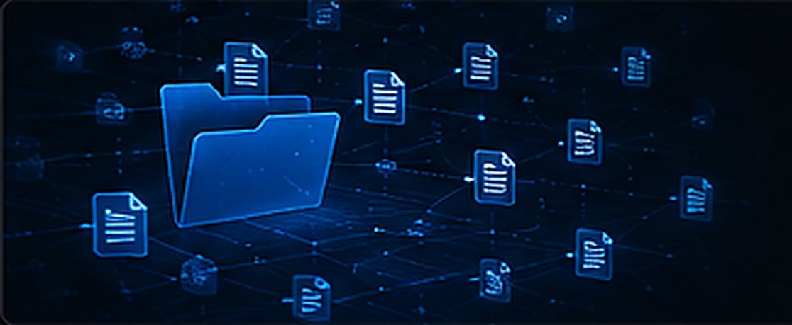 A digital folder surrounded by document icons on a data grid
