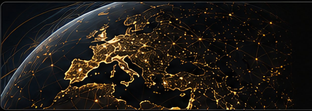 Europe and North Africa at night seen from orbit, city lights marking demand centres