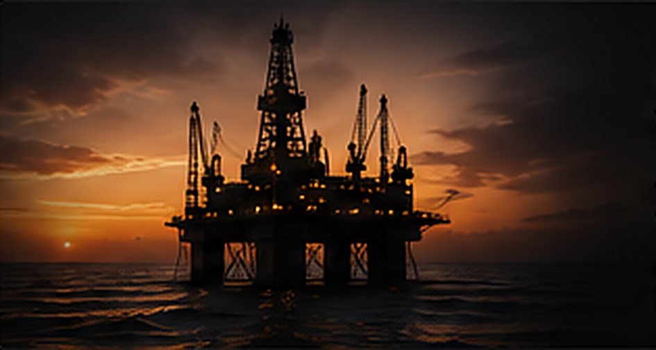 An offshore drilling platform silhouetted against a sunset sea