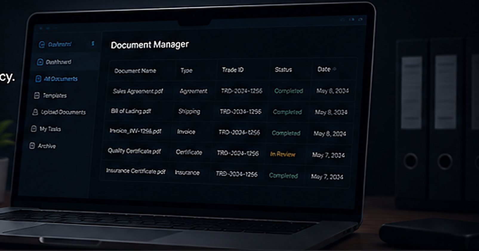 A laptop displaying the ExMart document manager beside archive folders