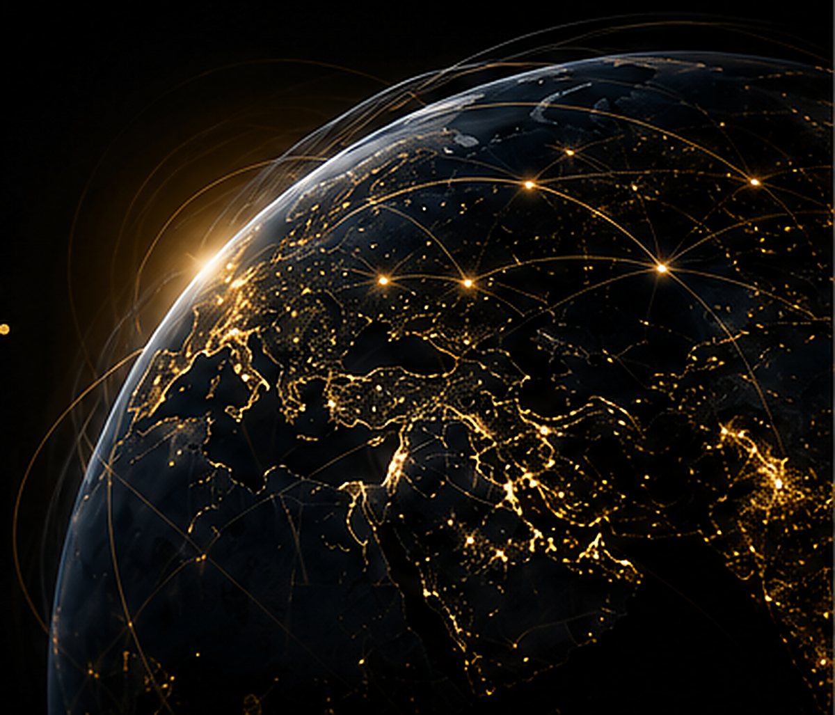 The globe at night with illuminated energy trade routes linking continents