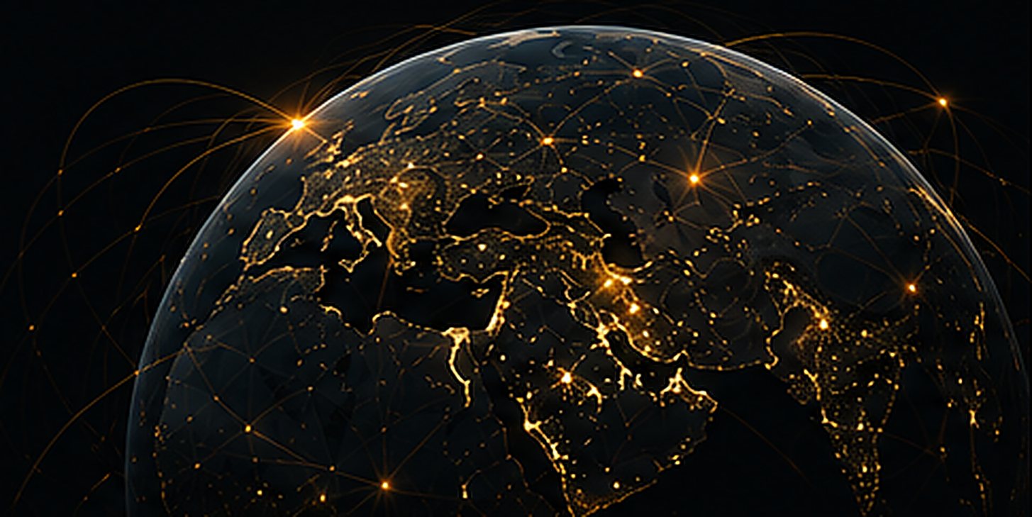 The globe at night with trade routes connecting buyers and sellers