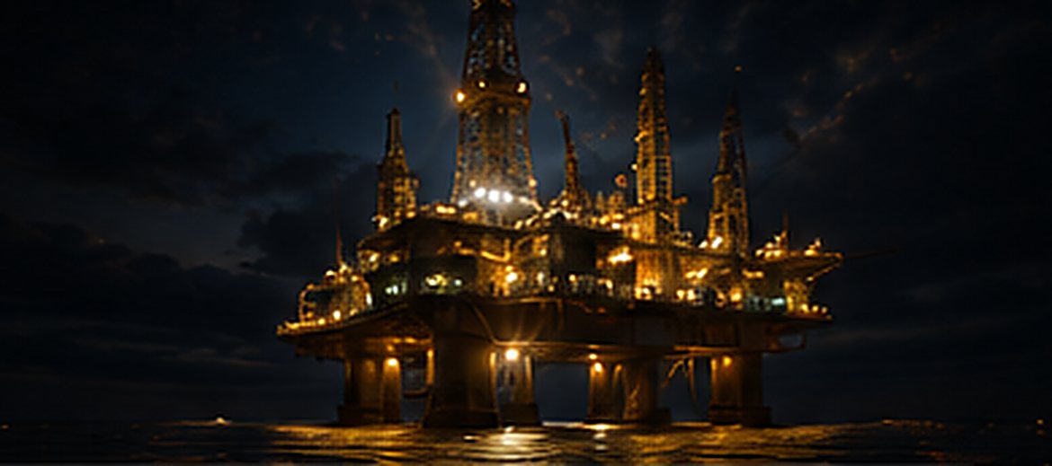 A fully lit offshore production platform at night