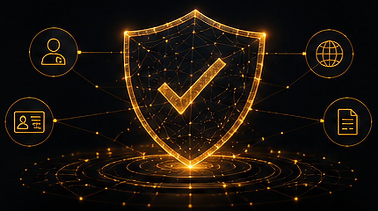 A glowing shield linked to identity, document and compliance checkpoints