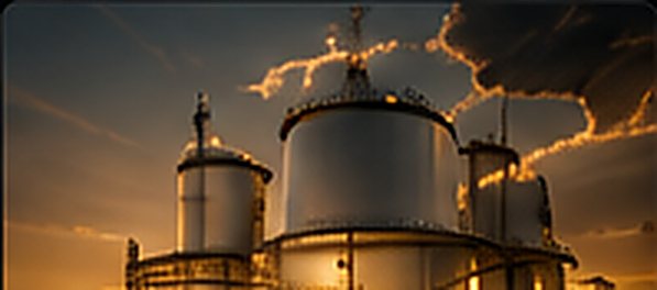 Gas oil storage tanks at a terminal under a golden sky